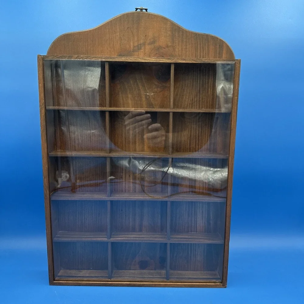Vtg Large Wood Wall Display Case Trinket Shelf Glass Knick Knack Cabinet